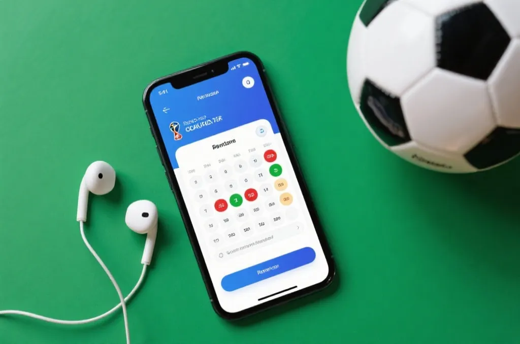 手机上显示世界杯球队赛程和提醒设置界面，旁边有足球和耳机